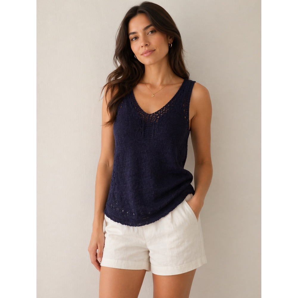 Lilly Pulitzer Navy Blue Open Knit Crochet V-Neck Tank Top Sweater Womens XL EUC